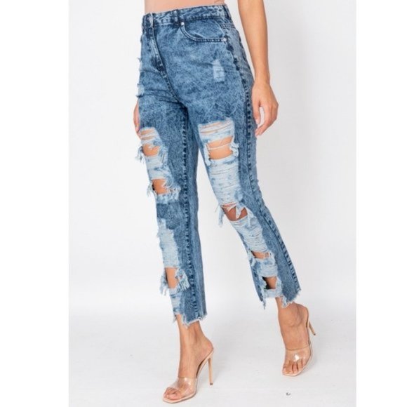 Blue Acid Wash High Waist Ripped Distressed Boyfriend Jeans Denim - Picture 3 of 9